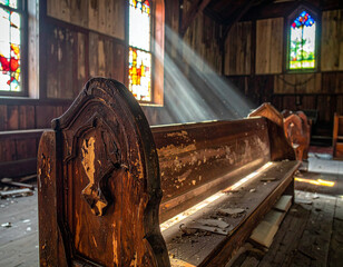 Worn Church Pew in Abandoned Arkansas Country Church - Religious Heritage