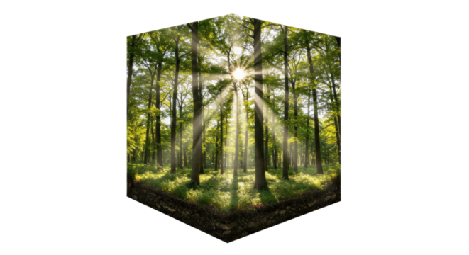 Sunlit Forest Scene Inside a Cube: Vibrant Green Canopy with Sunlight Rays, 3D Render, Transparent Background, Ideal for Packaging and Textile Design