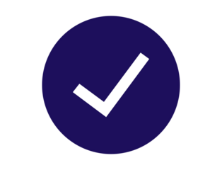 A white checkmark inside a dark blue circle, isolated on transparent background