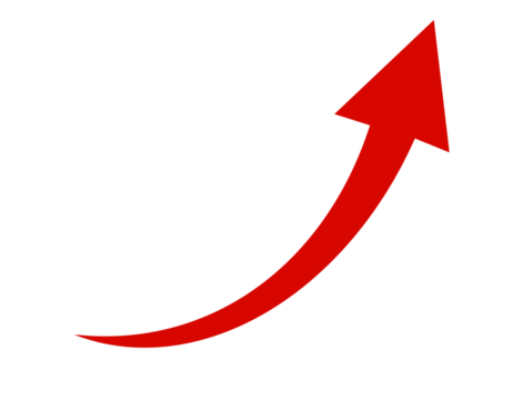 Red upward curving arrow isolated on transparent background