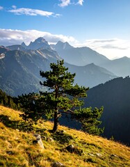 Mountain landscape with lone pine tree