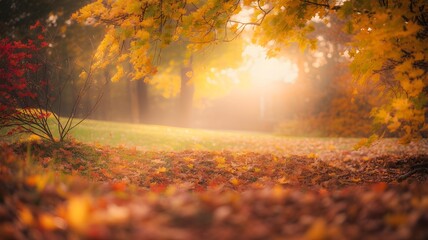 Golden autumn sunlight streams through a forest path covered in fallen leaves