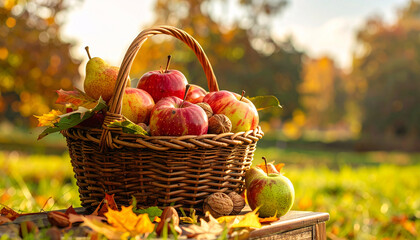 Wicker Basket Filled With Fresh Apples, Pears, and Walnuts in Autumn Season, Harvest Concept With Colorful Fall Leaves, Organic Fruits, Healthy Food, Rustic Outdoor Nature Background