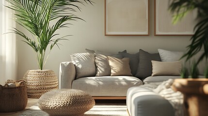 Beautiful Apartment, Sofa, Chair, Dining Table wall Mockup Interior design of modern living room