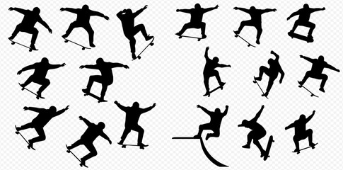 A collection of black silhouettes depicting skateboarders performing various dynamic tricks and poses.