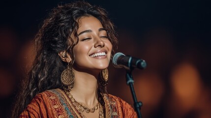 Smiling indian woman singing into a microphone on stage with vibrant cultural attire