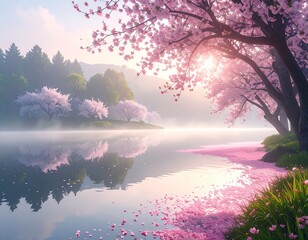 湖畔に舞い散る桜の花びらと朝の光