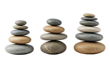 Three Stacks of Glittering Stones on a Neutral Background: A Serene and Balanced Arrangement of Silver and Gold Pebbles, Ideal for Wellness and Spa