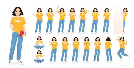 Fototapeta na wymiar Young beautiful student woman in different poses and expressions set. Isolated vector illustration