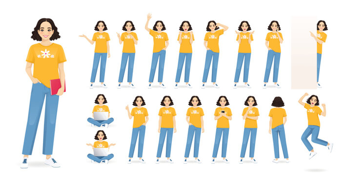 Young beautiful student woman in different poses and expressions set. Isolated vector illustration