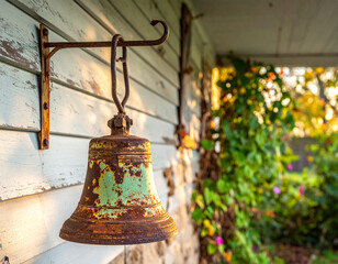 Vintage Cast Iron Farm Bell on Kentucky Farmhouse Porch - Rural Heritage