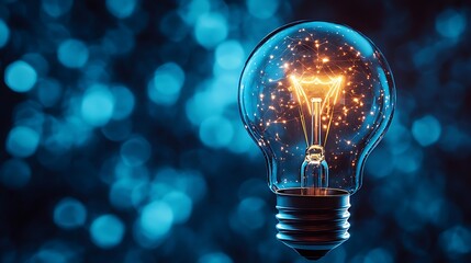 Glowing Filament in Clear Glass Lightbulb against a Blurred Turquoise Bokeh Backdrop