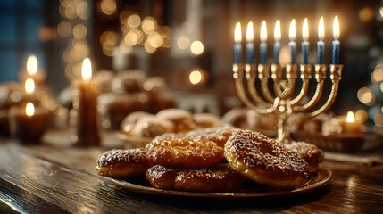 Festive hanukkah celebration with menorah flames andtraditional food