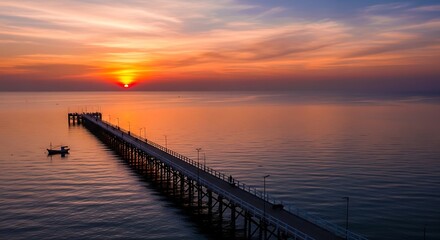 Fototapeta premium Serene Sunset Pier Landscape with Calm Ocean.
