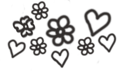 Cute doodle flowers and hearts in black outline on white background. Hand drawn romantic sketch illustration for decoration, love themes, and creative design projects. Simple playful art element.