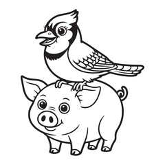 Obraz premium Cute blue jay perched atop a happy piglet silhouette white background