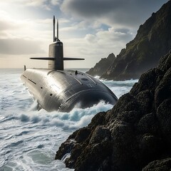 Powerful submarine navigating rough coastal waters, surrounded by dramatic rock formations.