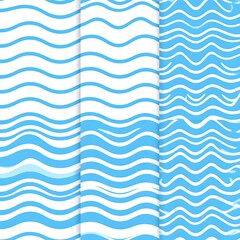 Three vertical panels of wavy blue and white patterns