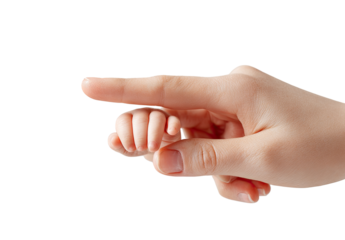 Close-up of a mother's hand holding a baby's tiny hand, pointing
