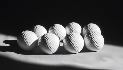 Golf Balls Group CloseUp Arrangement on Table Black Background, Detailed Texture, Monochrome