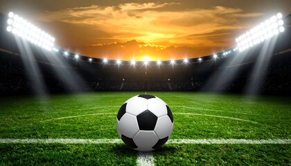 Soccer Ball in Stadium with Bright Floodlights at Sunset