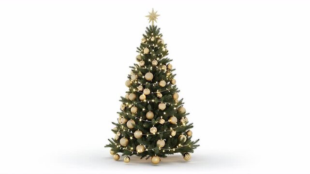 An evergreen tree decorated with golden spherical ornaments illuminated string lights and a golden star topper on a white background