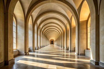 Obraz premium Long arched hallway with sunlight and shadows stretching into distance