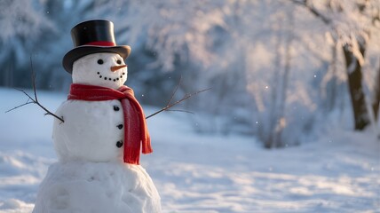 Obraz premium A cheerful snowman wearing a black top hat and a red scarf stands in a snowy winter landscape with trees in the background