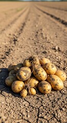 A pile of freshly harvested potatoes sits on cracked earth, showcasing the bounty of a sunny field.