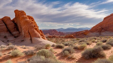 Ai generated image of dramatic desert landscape with vibrant red rock formations and sparse vegetation under a cloudy blue sky