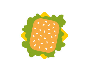 Simple drawing of a cheeseburger with a sesame seed bun, top view