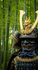 Ornate samurai armor, detailed and imposing, with a dragon crest, set amidst a backdrop of lush bamboo.