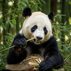 Close-up of a panda bear happily munching on bamboo stalks in a lush green bamboo forest.
