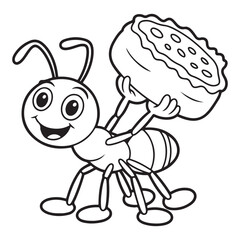 Obraz premium Happy ant carries a delicious food item cartoon silhouette white background