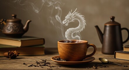 Mystical dragon-shaped steam rises from a steaming cup of tea, evoking ancient rituals and the comforting warmth of a cozy afternoon with books and teapots.