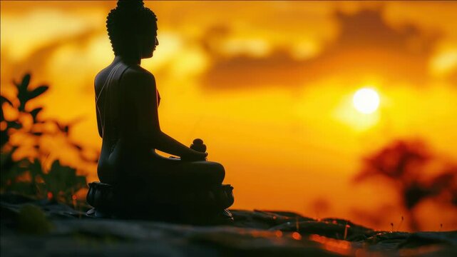 A seated Buddha statue during sunset overlooking the ocean. A peaceful and serene atmosphere.