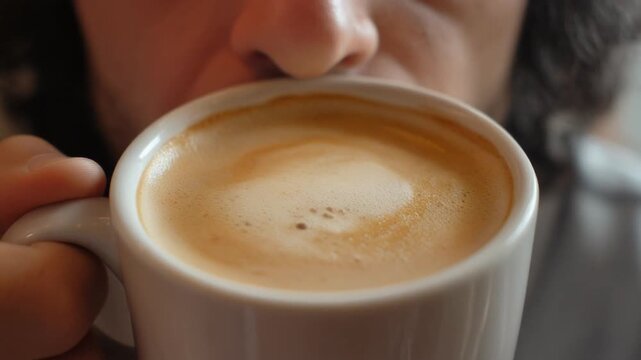 hiperrealista en plano cercano de una persona an&oacute;nima sujetando una taza de caf&eacute; ar&aacute;bico cremoso, con espuma y textura visible en la superficie. La taza se muestra claramente enfocada en primer plano,