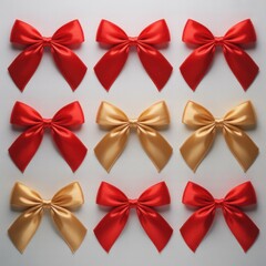 Ai generated image of a collection of nine red and gold satin bows arranged in a grid pattern on a white background
