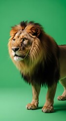 Obraz premium A majestic lion stands against a vibrant green backdrop, showcasing its powerful physique and detailed fur.