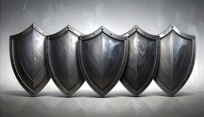 Five metallic shields in a row
