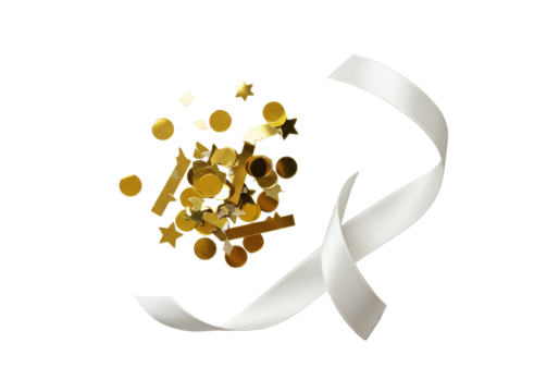 Shiny gold metallic confetti pieces and a transparent satin ribbon, artfully arranged on a transparent background with elegant bokeh, minimalist commercial celebration concept