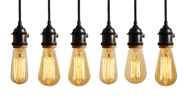 Vintage style light bulbs hanging in a row with black cords on white background.  