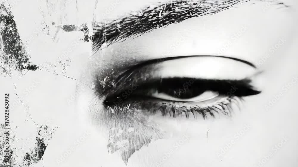 Poster close-up of person's eye with depth of field blur, creating an abstract and emotive .