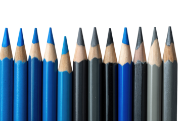 Row of sharpened colored pencils, primarily shades of blue and gray