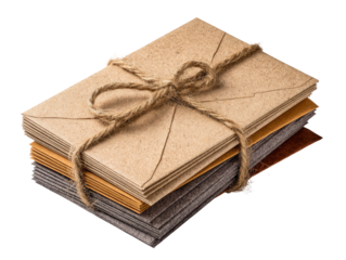 A stack of vintage-style envelopes, tied with a natural twine.  Different shades of beige, brown, and tan envelopes are visible
