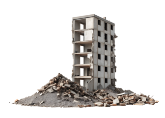 Ruined concrete apartment building debris isolated on a transparent background
