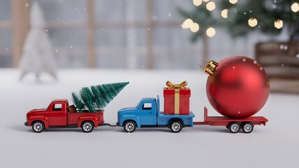 Three toy trucks in a row carrying christmas tree gift box and large red ornament for holiday season