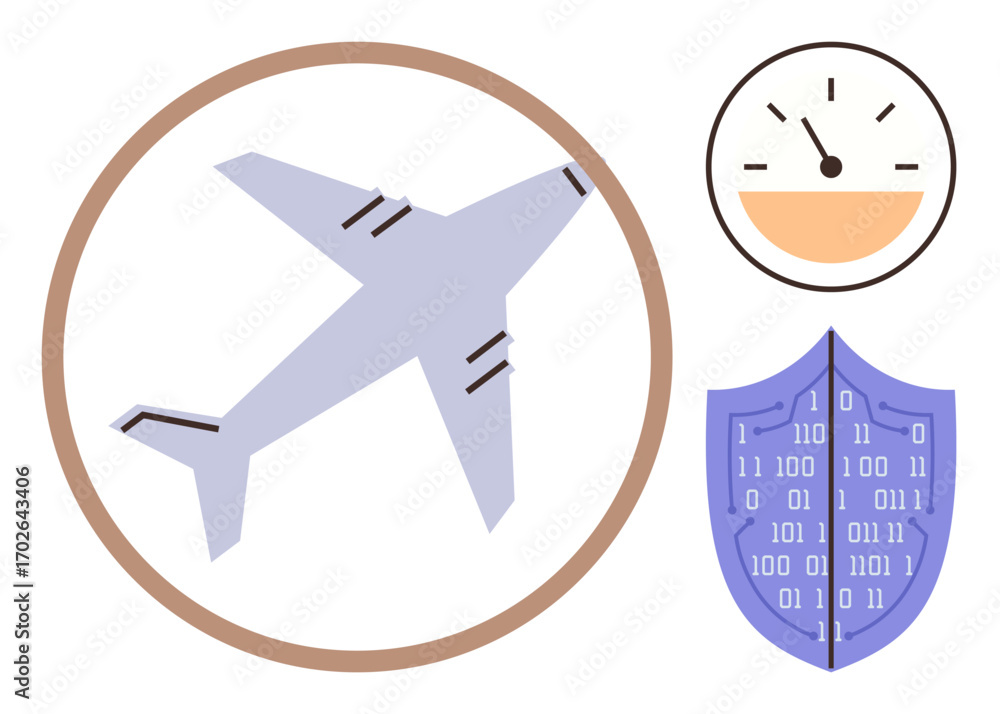 Aufkleber airplane in circular frame, shield with binary code, and speedometer gauge. ideal for aviation, safe