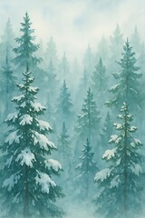 Snow-covered evergreen forest in a misty winter landscape at dawn