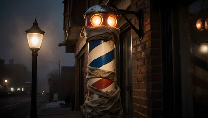 Vintage barber pole wrapped in cloth near street lamp at night  